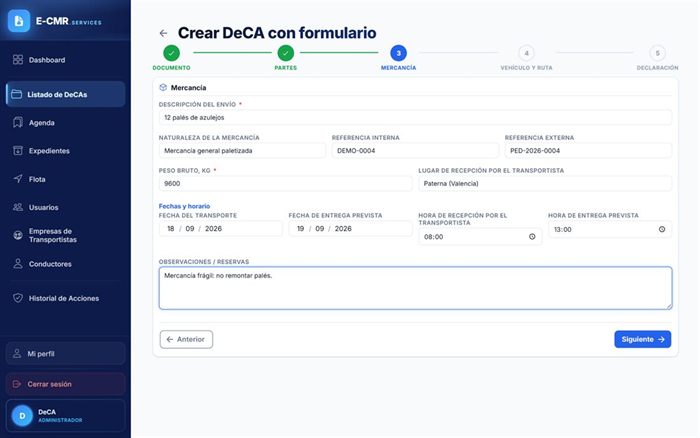 Formulario de E-CMR.services para crear un DeCA con cargador, transportista, mercancía y vehículo