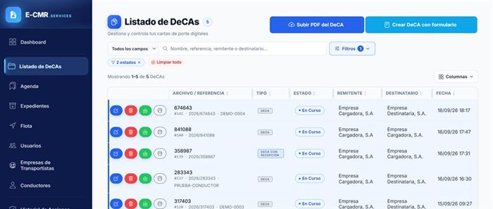 Listado de DeCA en E-CMR.services con estado, fecha y acceso al PDF