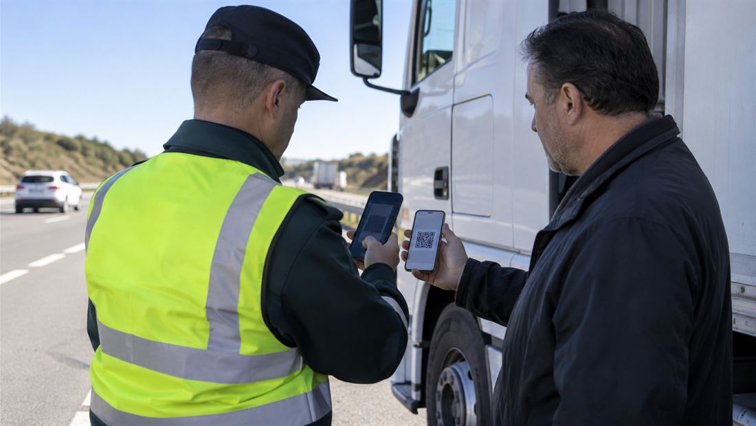 Inspección de transporte: el agente escanea con su móvil el código QR del DeCA que le muestra el conductor