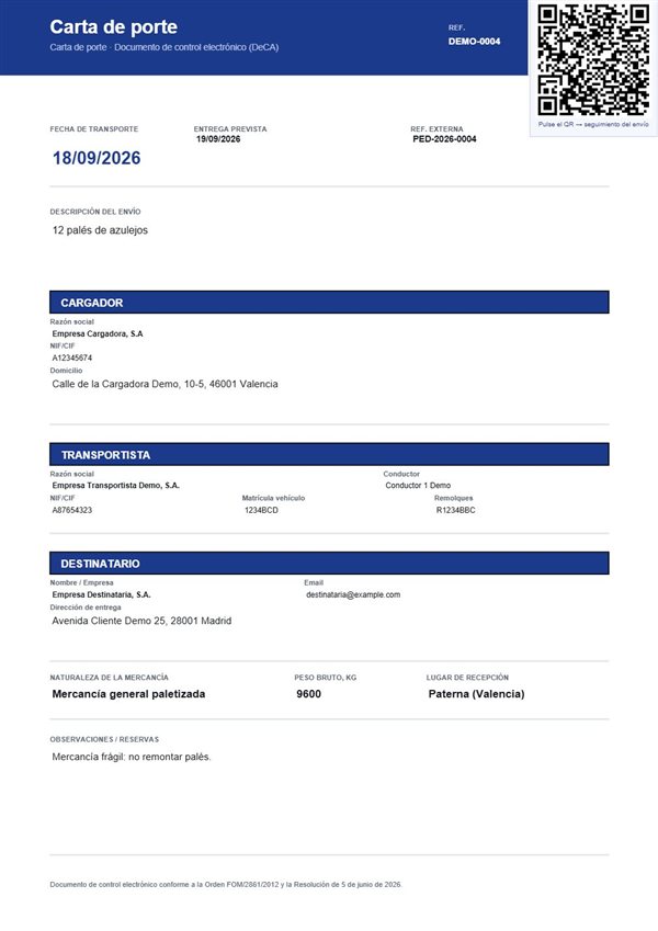 PDF de un DeCA de ejemplo con su código QR arriba a la derecha
