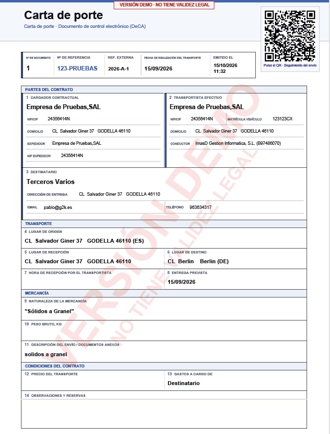 Carta de porte generada con el código QR arriba a la derecha