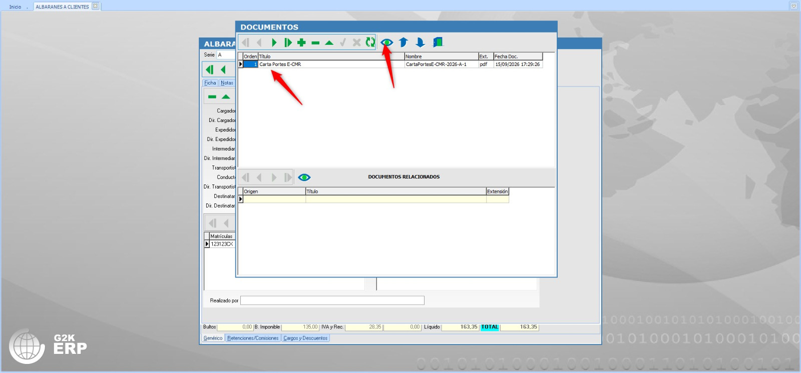 Ventana de documentos del ERP con el PDF de la carta de porte archivado junto al albarán