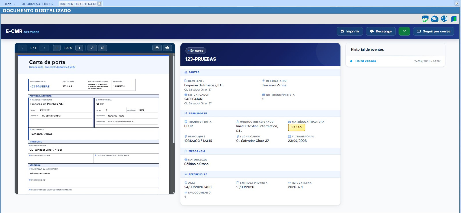 Visor de E-CMR.services abierto dentro del ERP con el documento, su estado y el historial de eventos