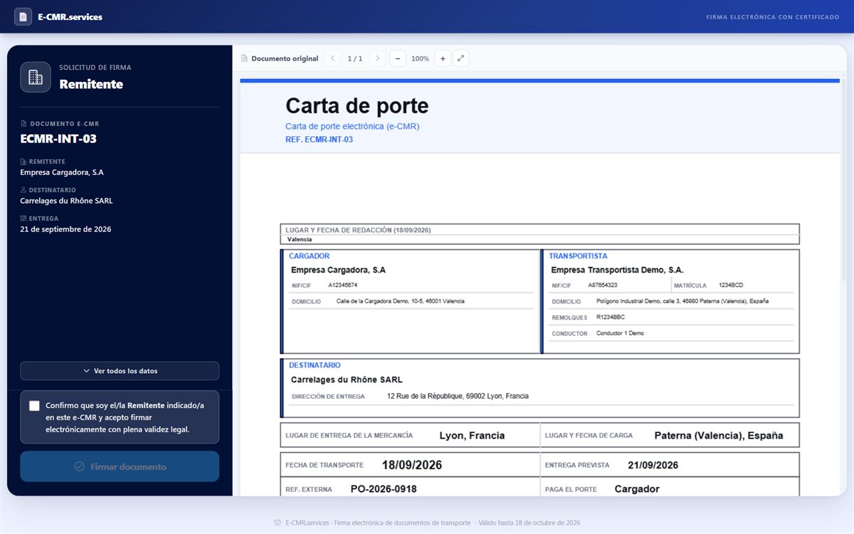 Página de firma del remitente