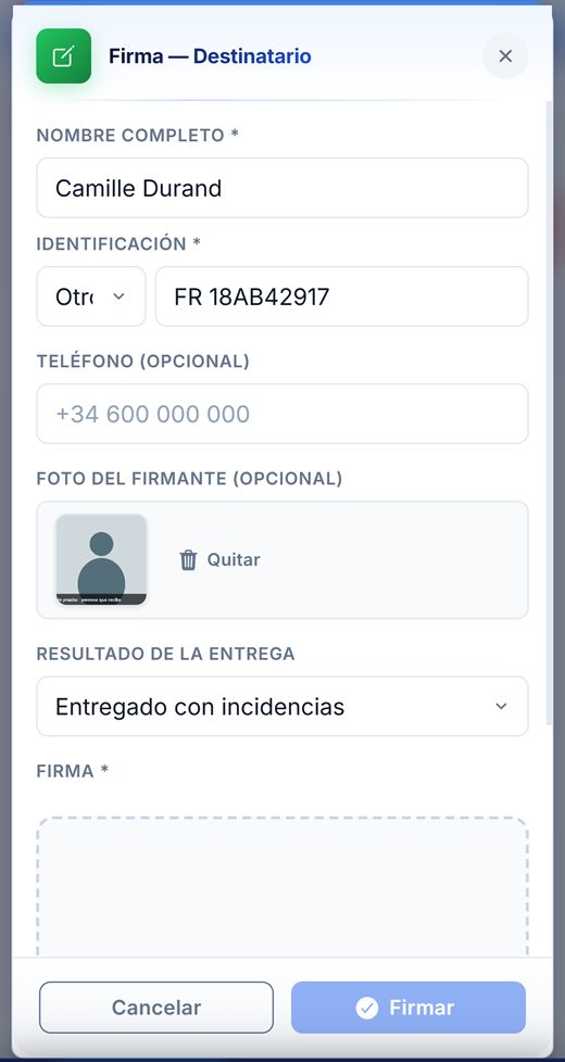 Firma del destinatario de un e-CMR en el móvil
