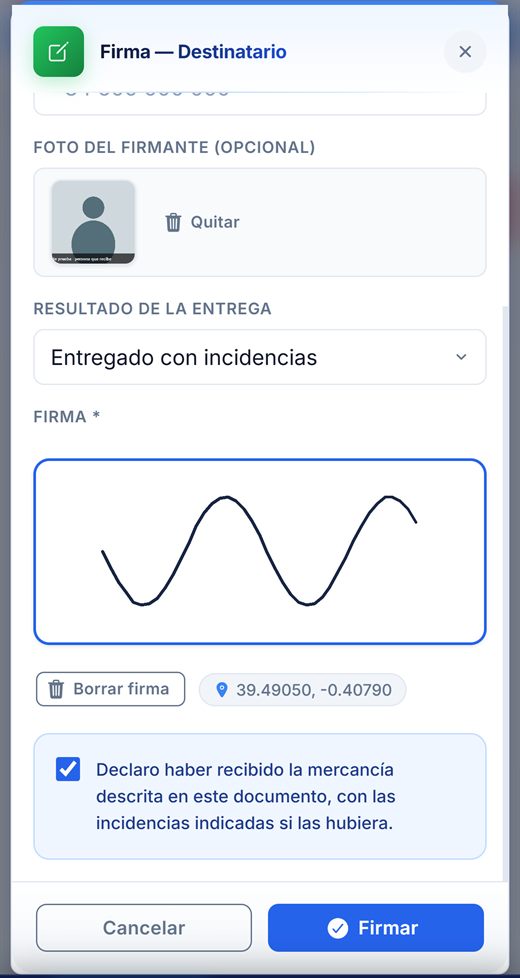 Firma del destinatario