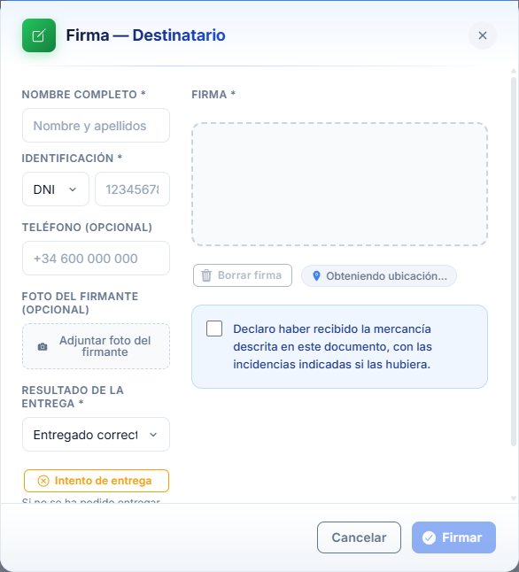 Firma del destinatario con el botón Intento de entrega