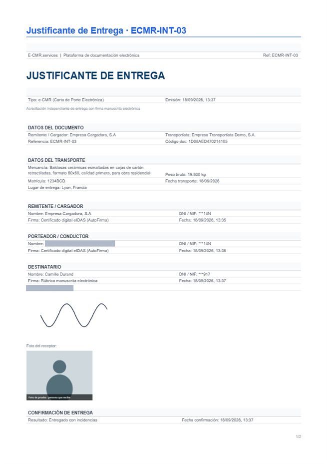 Justificante de entrega del e-CMR, página 1