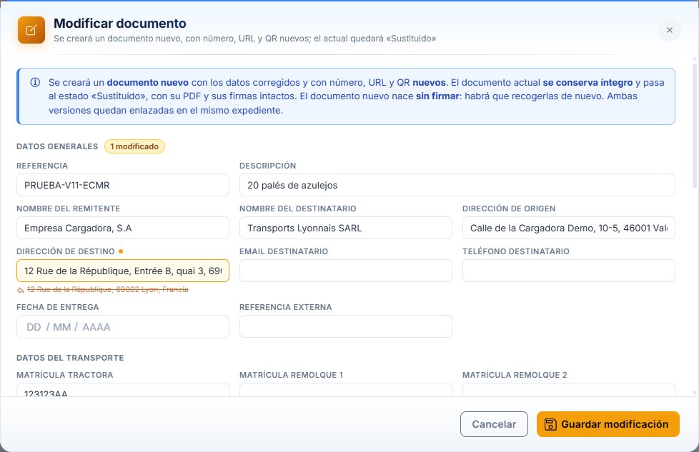 Formulario Modificar documento del e-CMR
