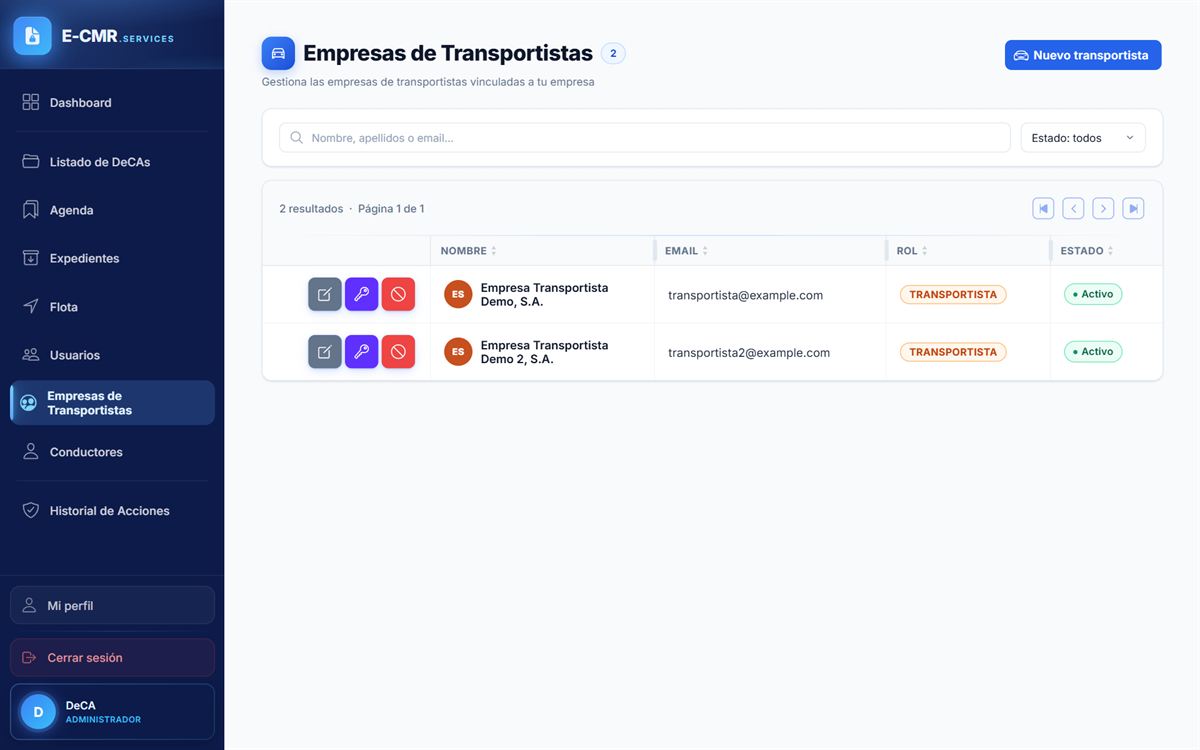 Listado de transportistas