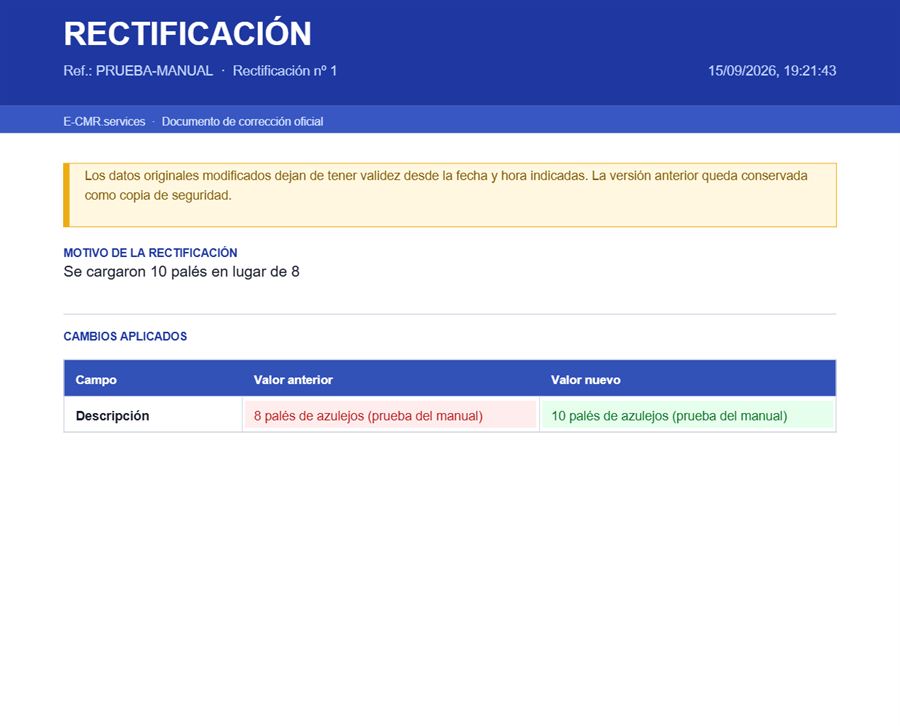 Página rectificativa del PDF