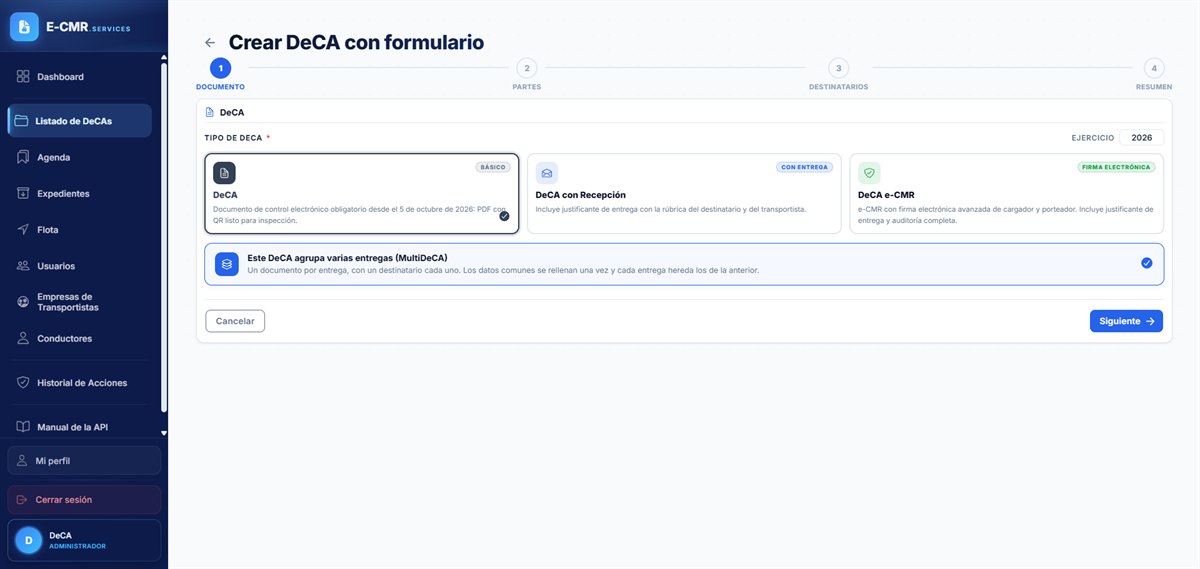 Opción MultiDeCA en el primer paso del alta