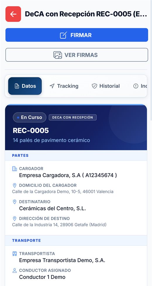 Ficha del DeCA en el móvil del conductor