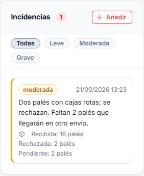 Incidencia registrada con cantidades