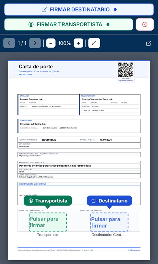 Pantalla de firma