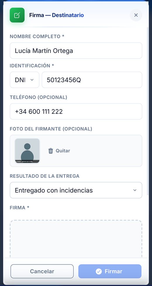 Datos del destinatario
