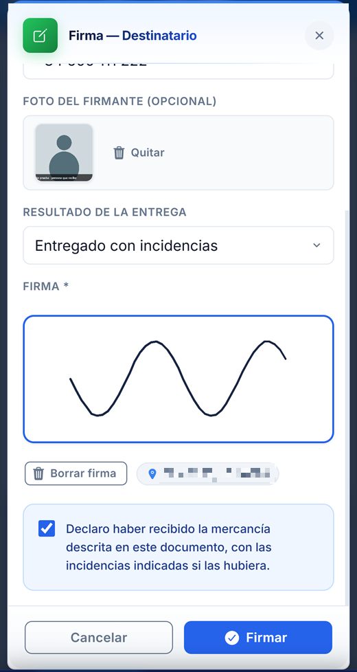 Firma del destinatario