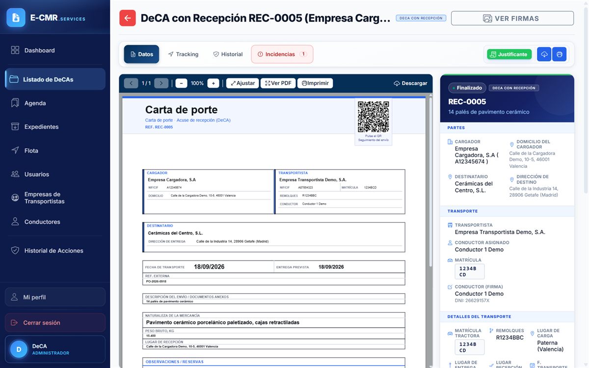 Ficha de un DeCA con Recepción finalizado